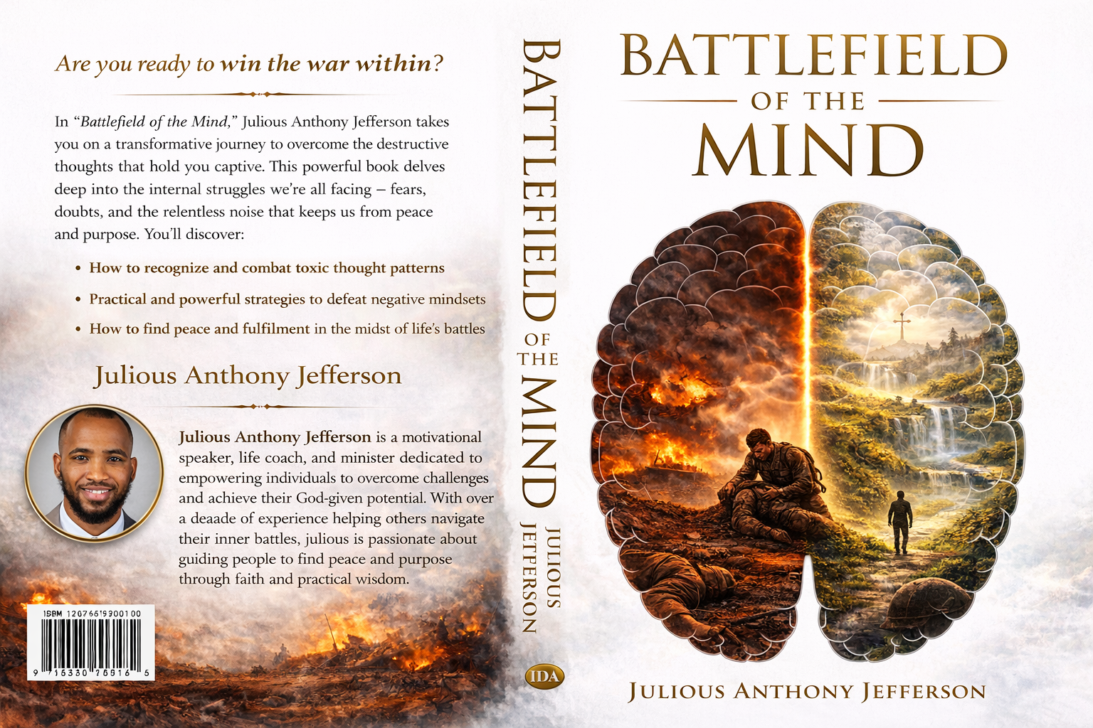 Book cover of 'Battlefield of the Mind' with a split brain illustration and a person in a desert landscape.