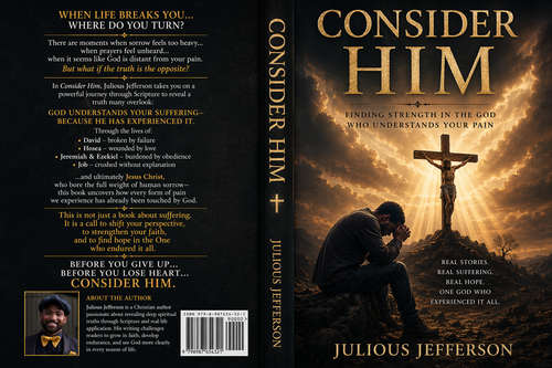 Book cover of 'Consider Him' by Julius Jefferson with a dark background and crucifixion scene.