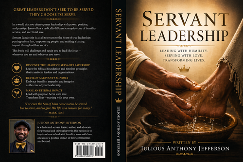 Book cover of 'Servant Leadership' with hands washing another hand, featuring Julius Anthony Jefferson.